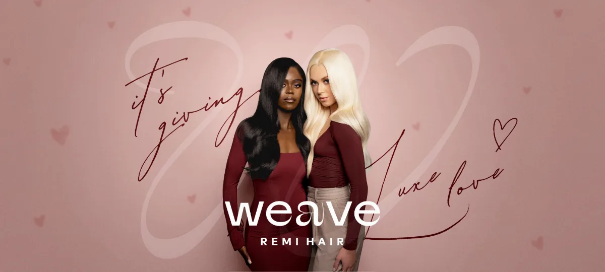 Two models wearing The Feme Collection Weave Remi pose together on a pink background.